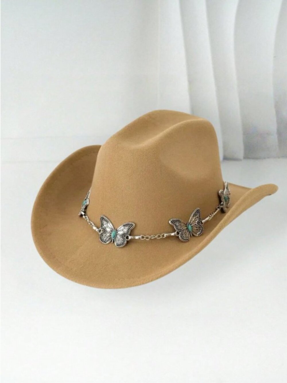 Beige Western Cowboy Hat Butterfly Hat Band Cowgirl Ranch Rodeo Festival Costume